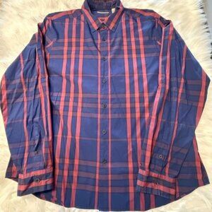 🔥Burberry | Men’s XXL Navy Blue and Red Button Up Collared Dress Shirt
